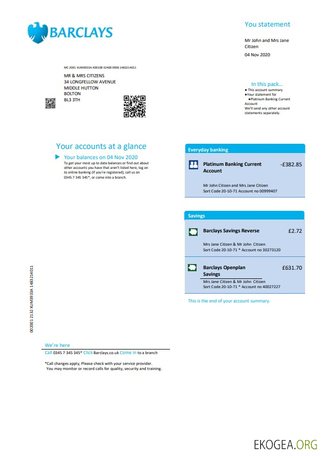 Modèle de relevé bancaire Barclays Royaume Uni au format .doc et .pdf, version 2